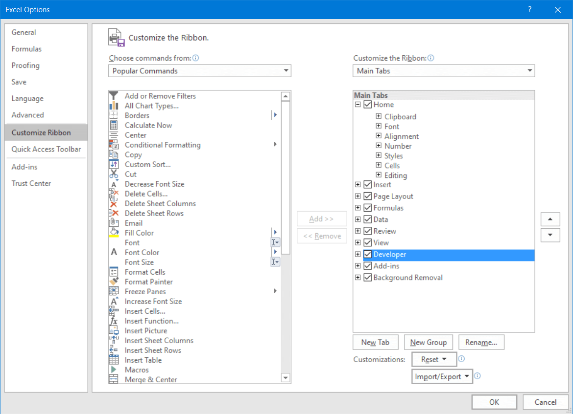 You can enable the “Developer” tab in the Excel Options window
