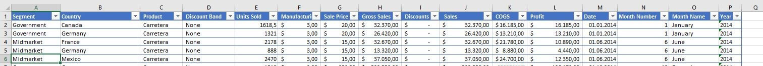 An example table with a selected row in Excel 2016