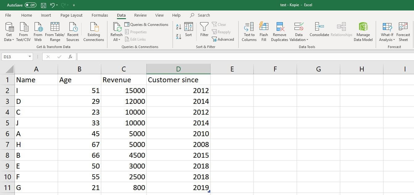 Excel 2016: Example dataset