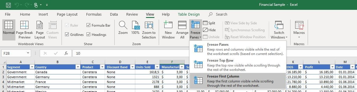 Excel 2016: The “Freeze Panes” menu