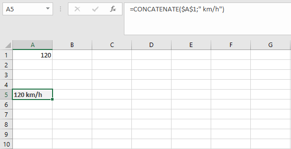 Excel CONCATENATE function with cell reference and text