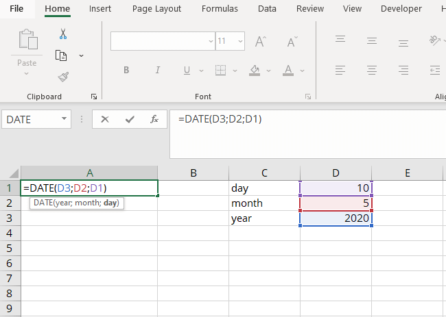 Excel DATE function with cell references