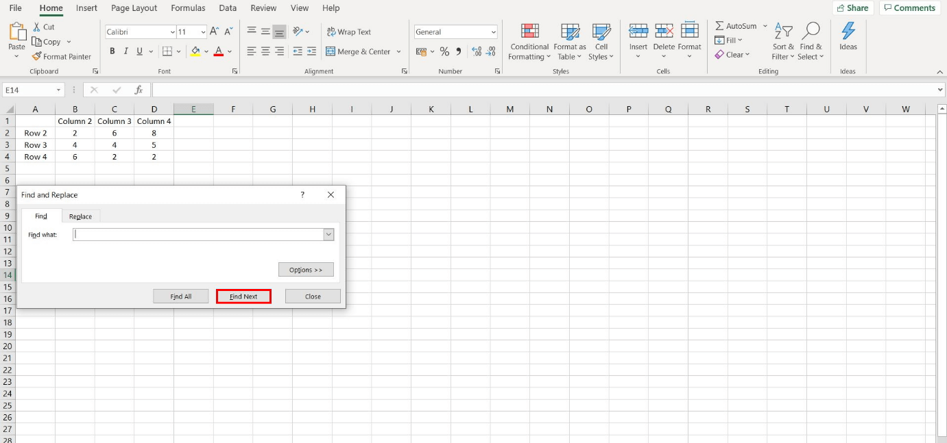 Excel dialog window Find and Replace