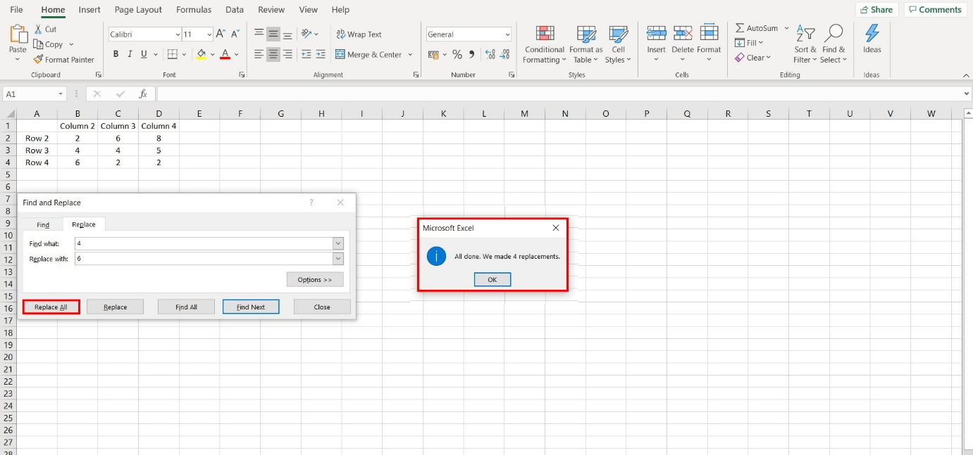 Excel: Find and Replace notification after successful replacement