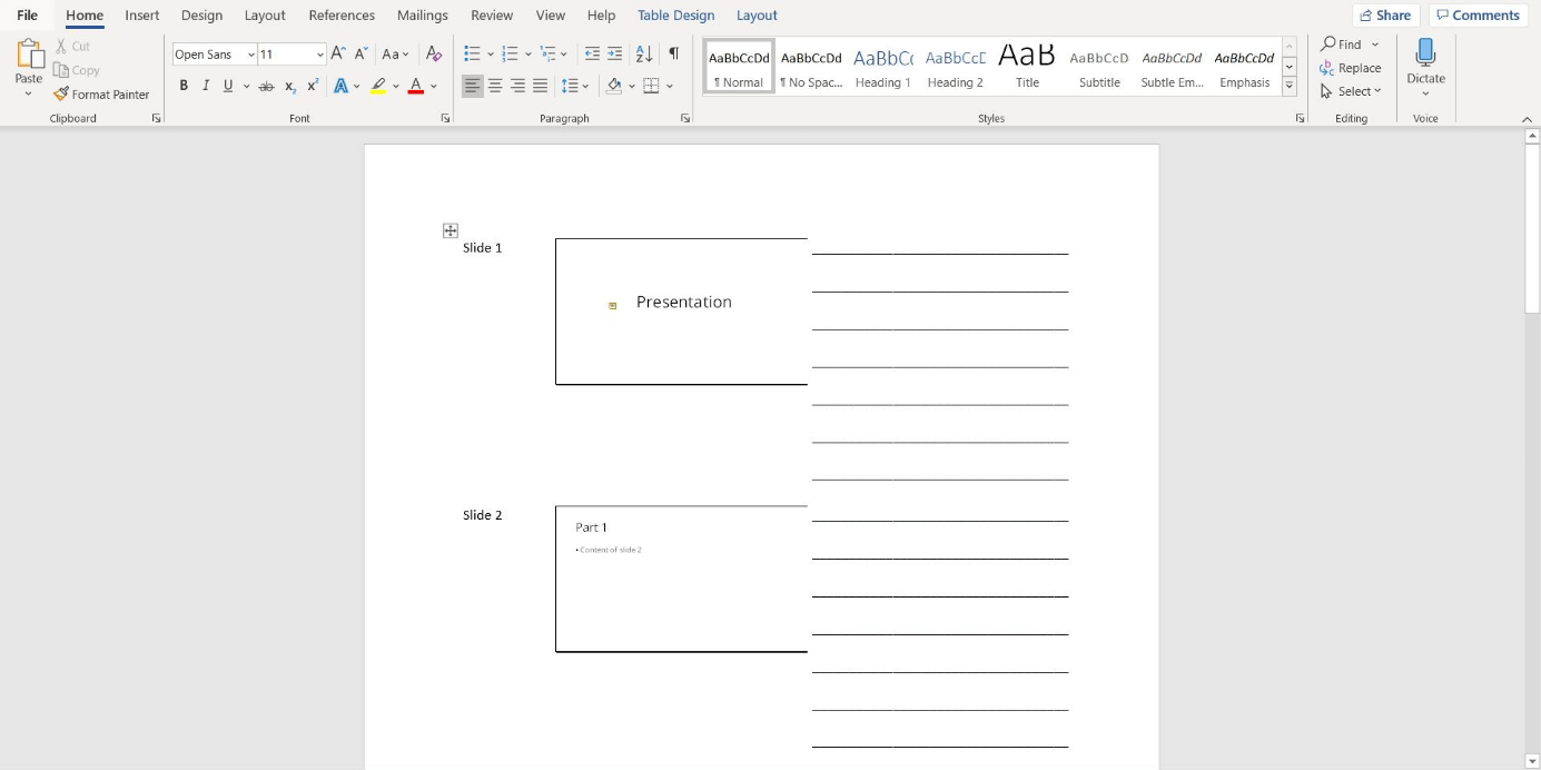 Exported PowerPoint presentation with blank note lines in Microsoft Word
