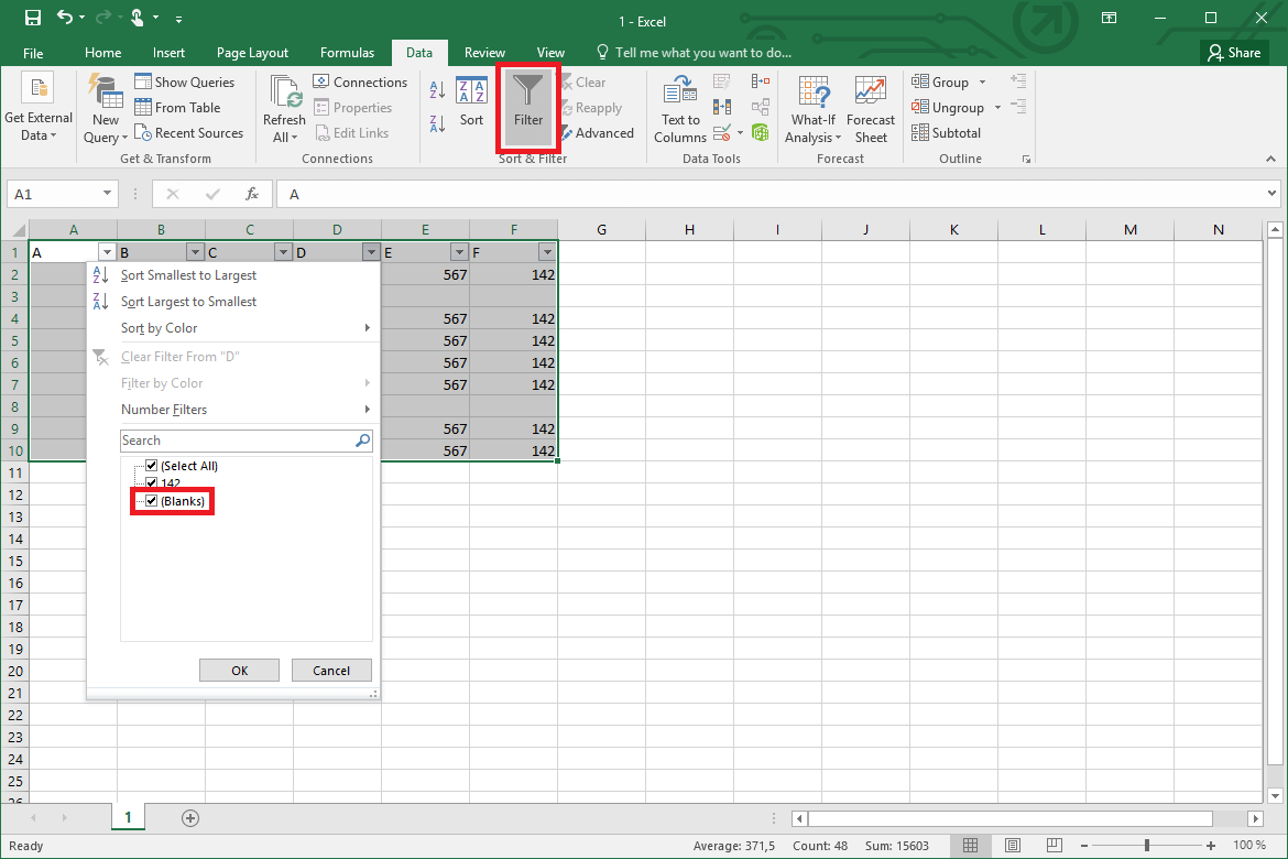 Filter for subsequently removing blank rows in Excel