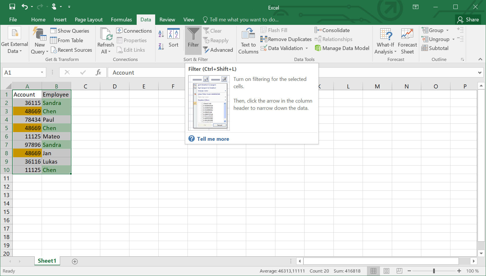 Filter function in Excel