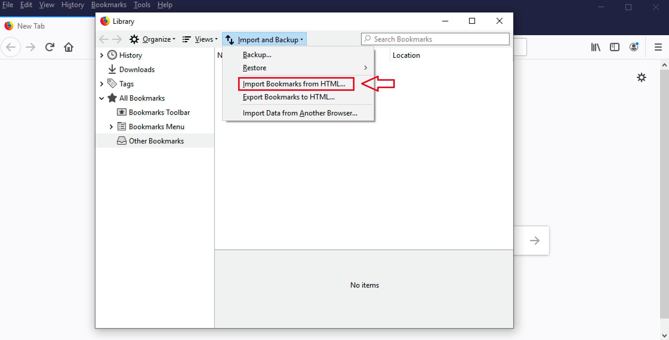 Firefox bookmarks library and “Import Bookmarks from HTML...” option