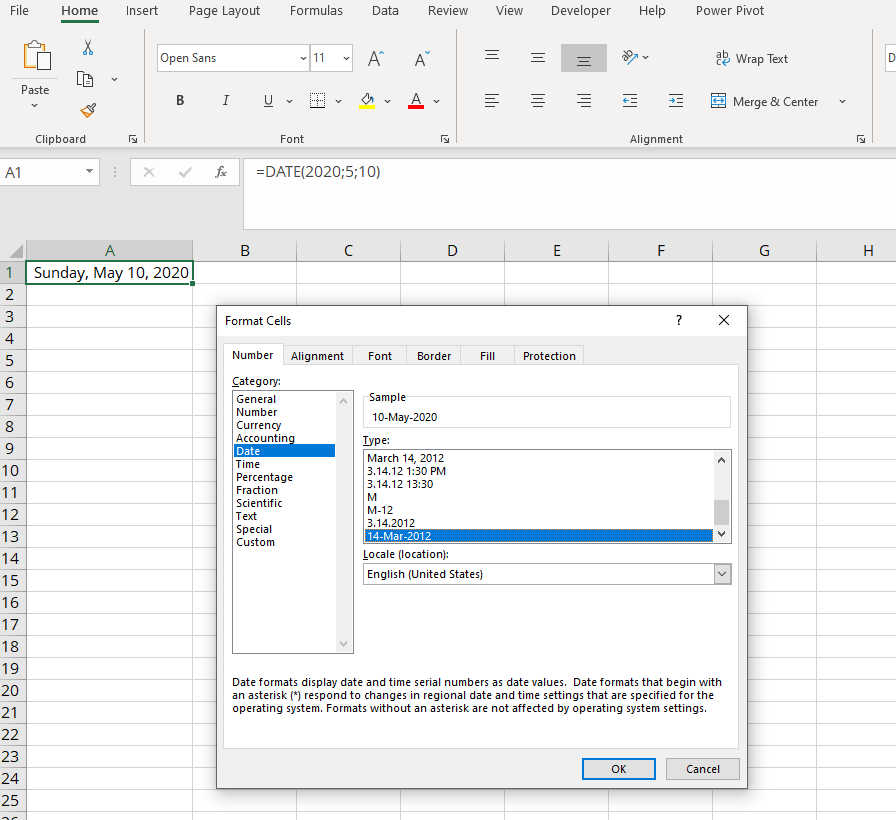 “Format Cells” dialog box in Excel