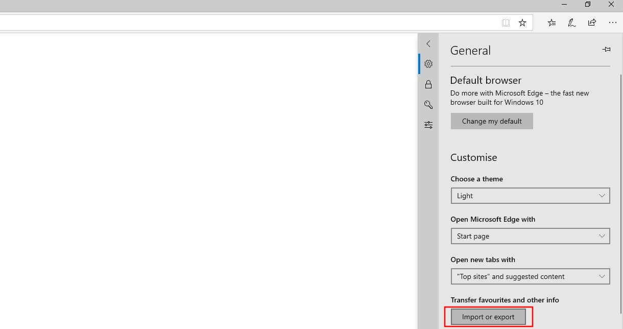 General settings in the Microsoft Edge browser