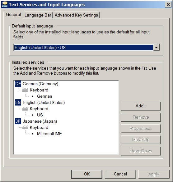 General settings in the Text Services and Input Languages menu
