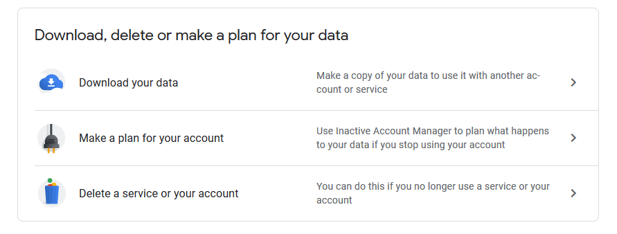 Google account: "Download, delete or make a plan for your data" menu