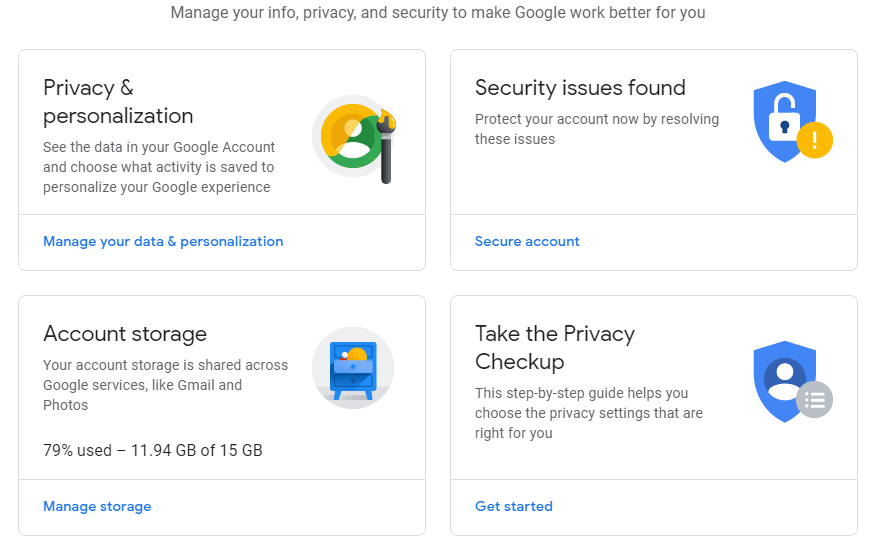Google Account: Menu for accessing your account settings