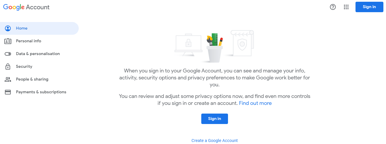 Google Account: Menu to adjust the settings