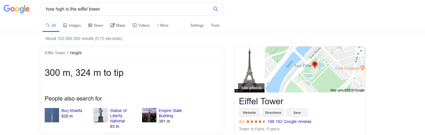 The Knowledge Graph answer box for the question: “How high is the Eiffel Tower?”