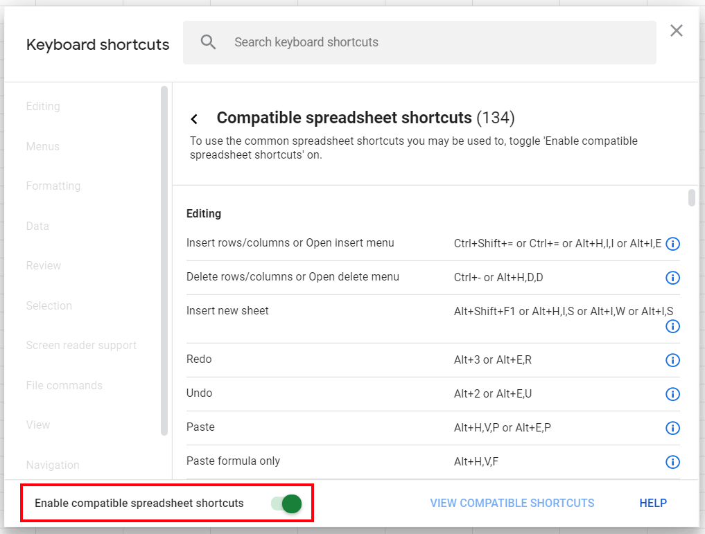 Google Sheets: enabling compatible spreadsheet shortcuts