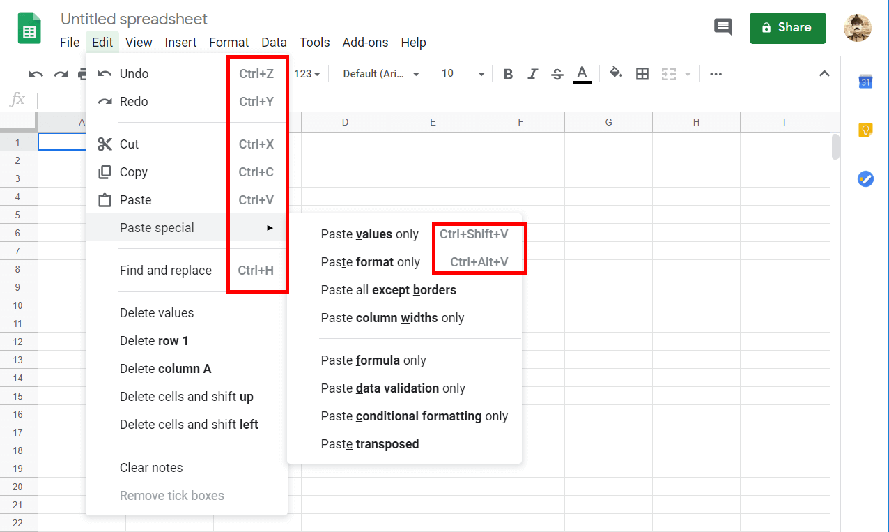 Google Sheets: shortcuts displayed in the help menu