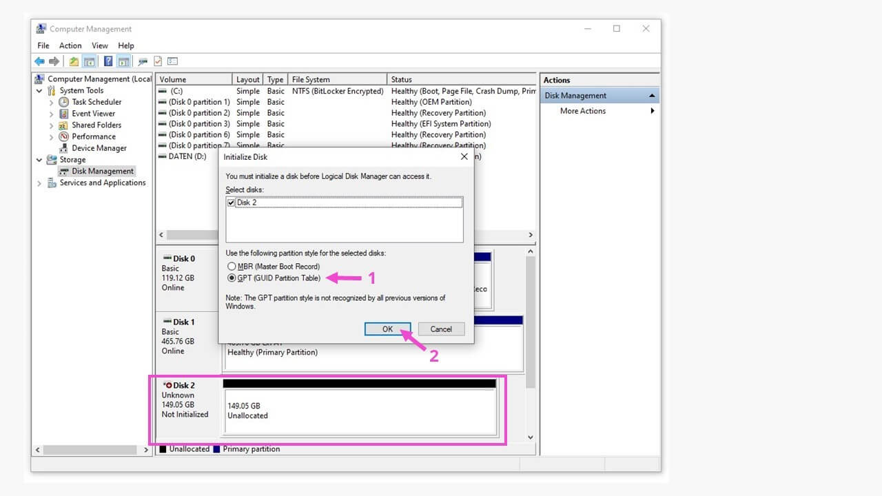 Windows Disk Management showing disk initialization