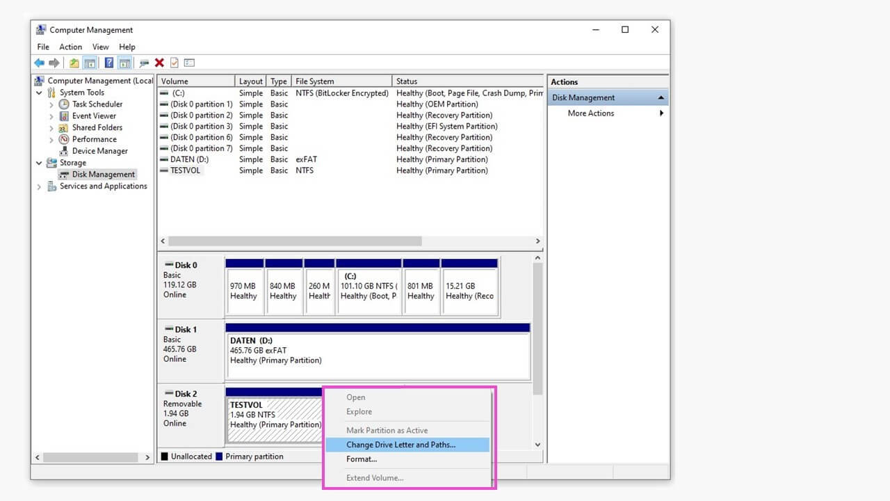 Active context menu in Windows Disk Management 