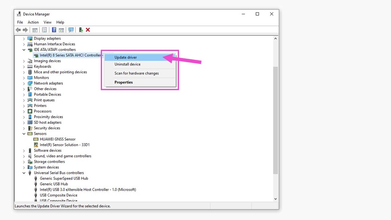 Windows Device Manager: Context menu 