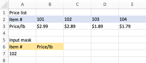 HLOOKUP: determining the price/lb