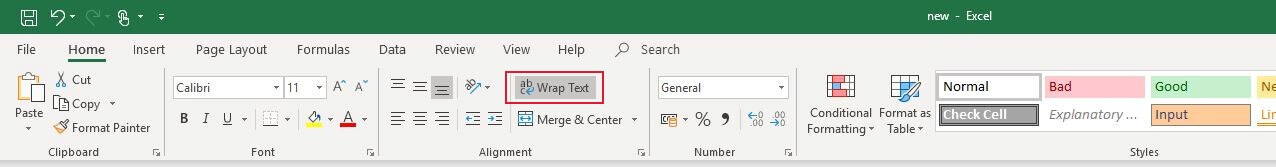“Home” tab in Excel 2016