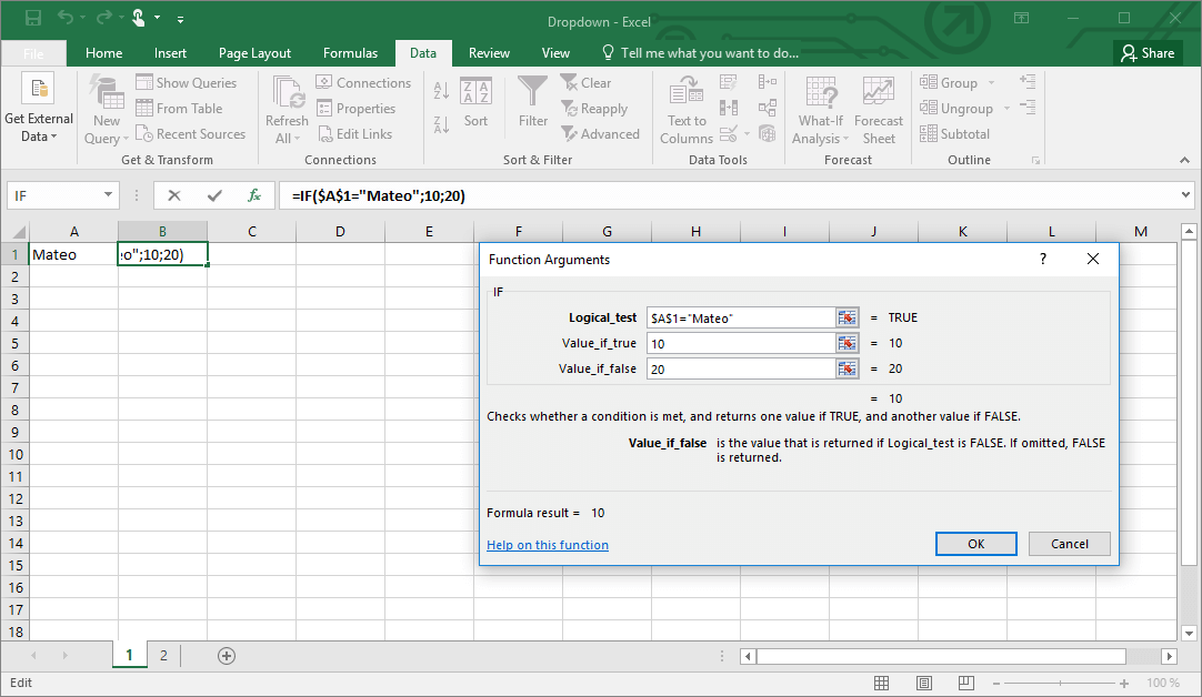 IF function in Excel with drop-down list