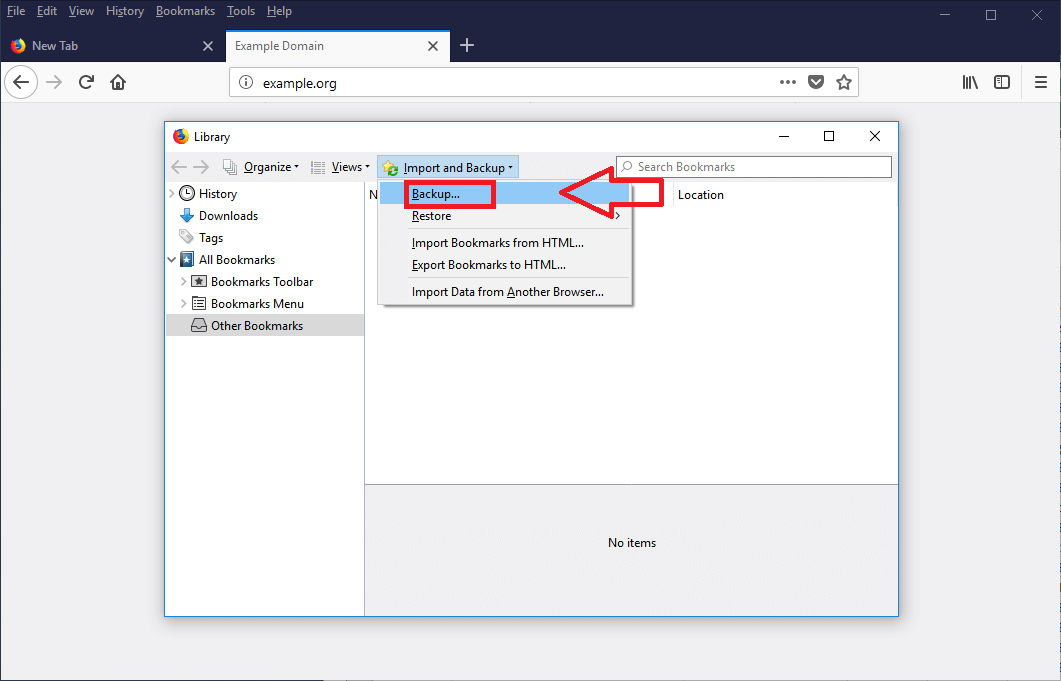 Screenshot: “Import and Backup” option in Bookmarks library with “Backup” selected