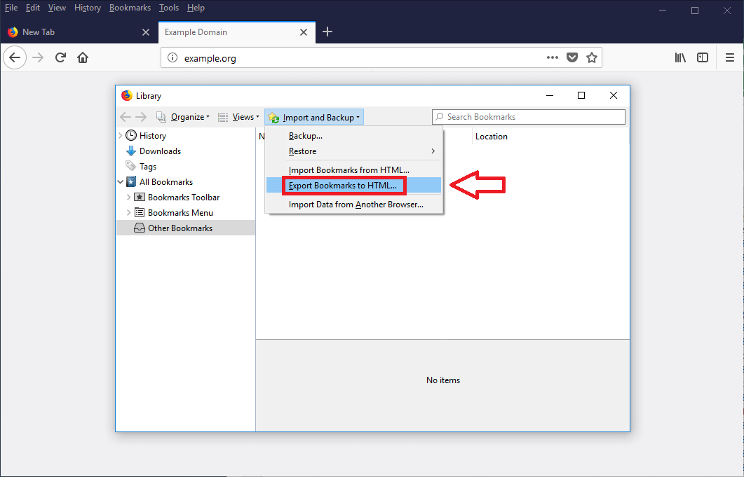 Screenshot: “Import and Backup” option in Bookmarks library with “Export Bookmarks to HTML” selected