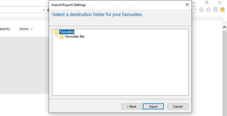 Importing Internet Explorer favorites: Selecting the destination folder