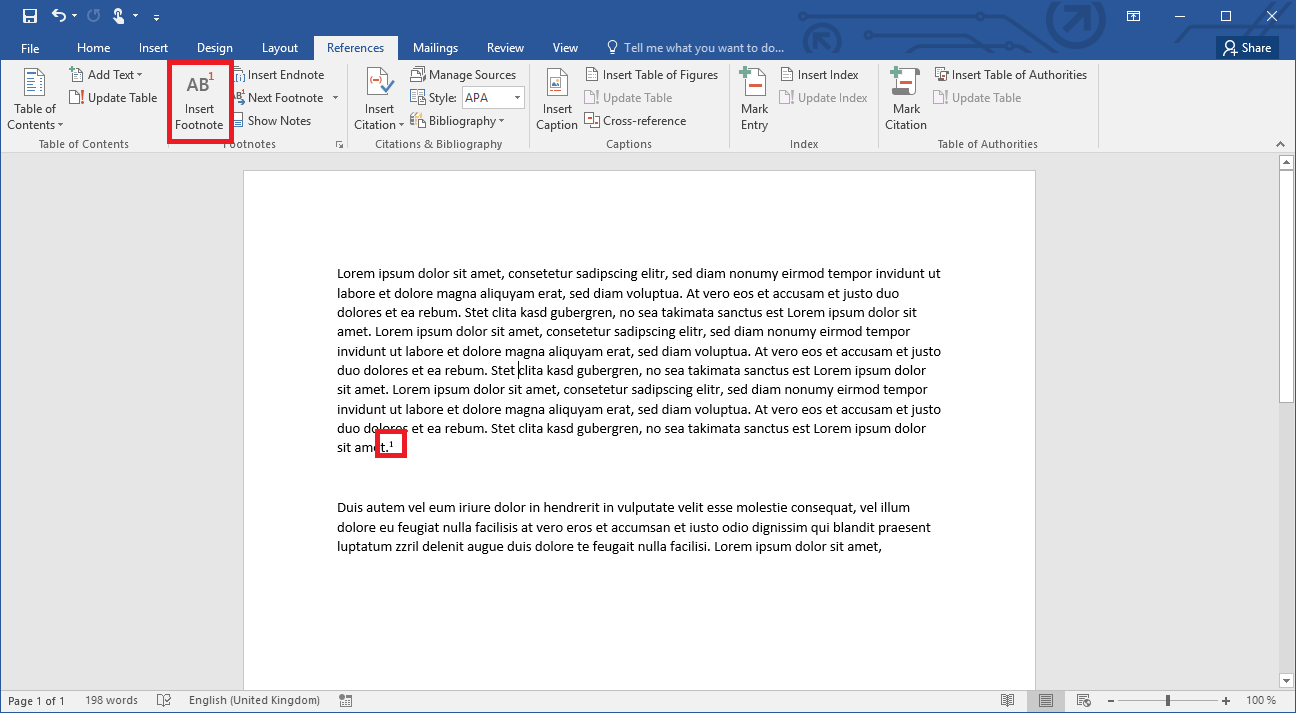Inserting a footnote in Word 2019