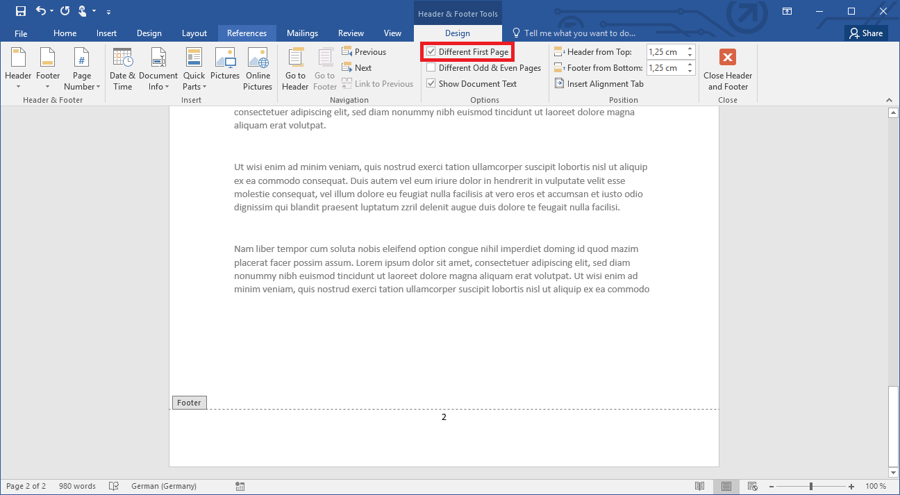 Inserting page numbers starting on page 2 in Word 2019