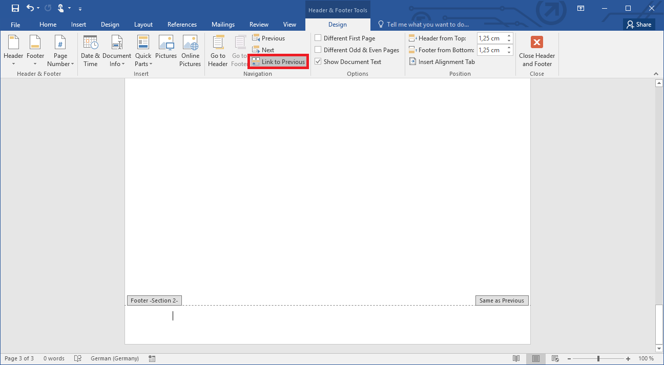 Inserting page numbers starting on the third page in Word 2019
