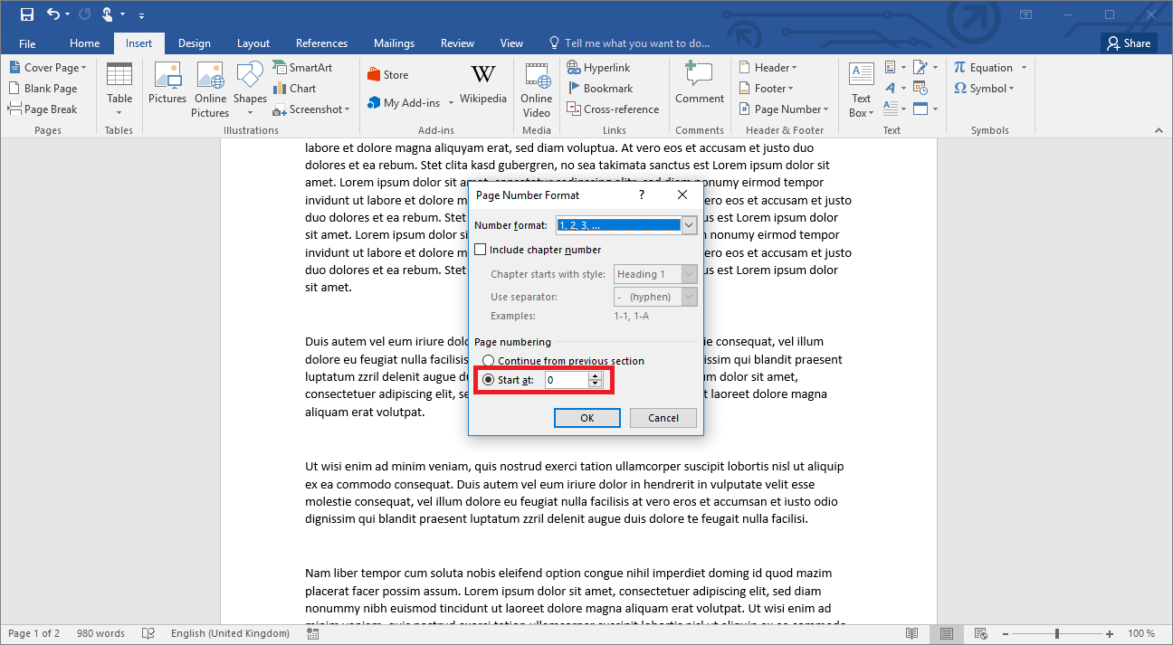 Inserting page numbers starting with page number 1 on the second page in Word 2019