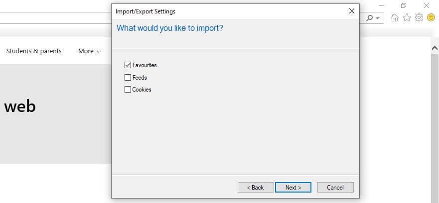 Internet Explorer 11: Bookmarks import dialog