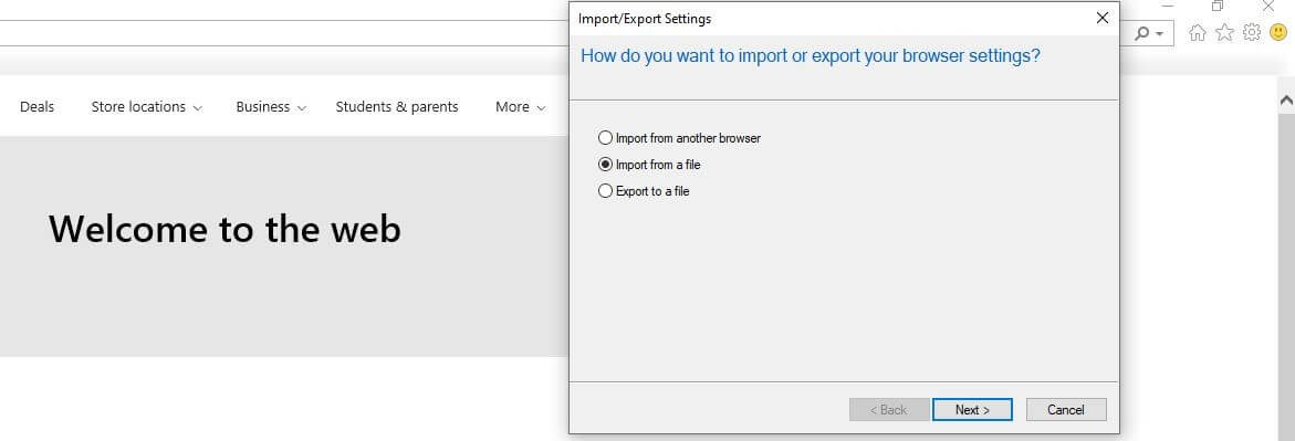 Internet Explorer 11: Settings for import/export