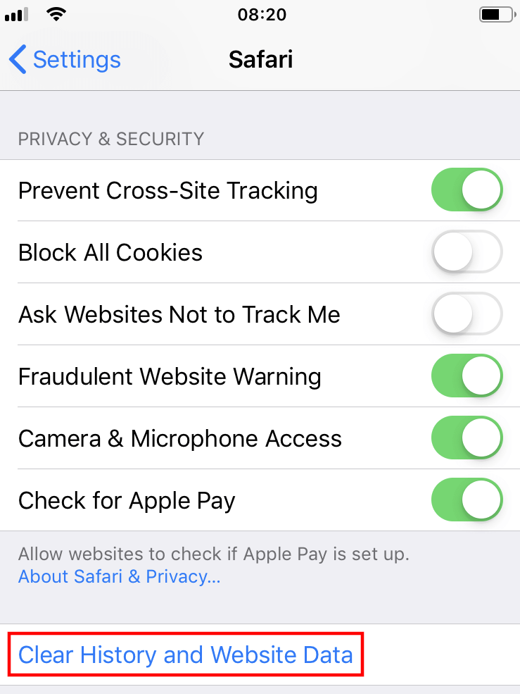 iOS settings for Safari: “Clear History and Website Data”