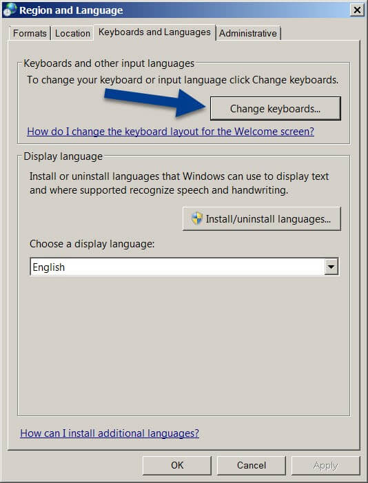 “Region and Language” menu and “Keyboards and Languages” tab