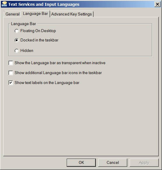 Language Bar settings in the Text Services and Input Languages menu