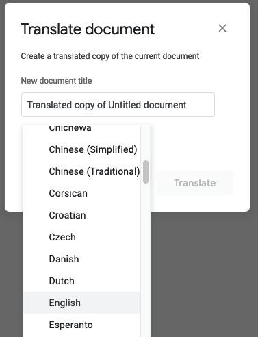 Language selection for translating a Google Doc