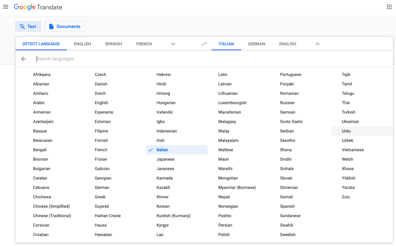 Language selection in Google Translate