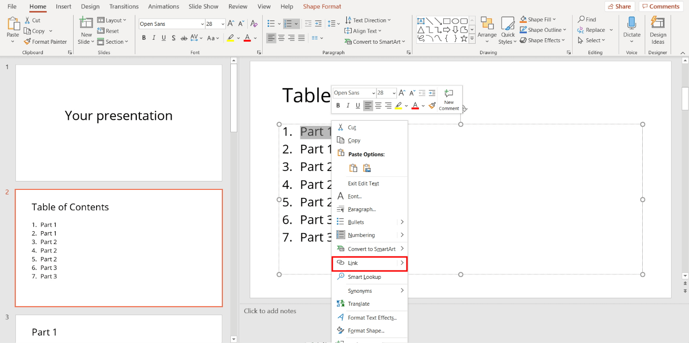 Linking a PowerPoint table of contents: creating links