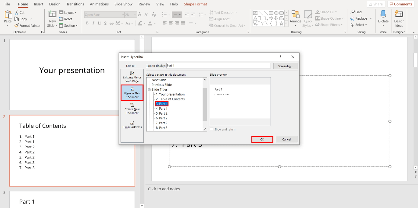 Linking a PowerPoint table of contents: “Insert Hyperlink” dialog box