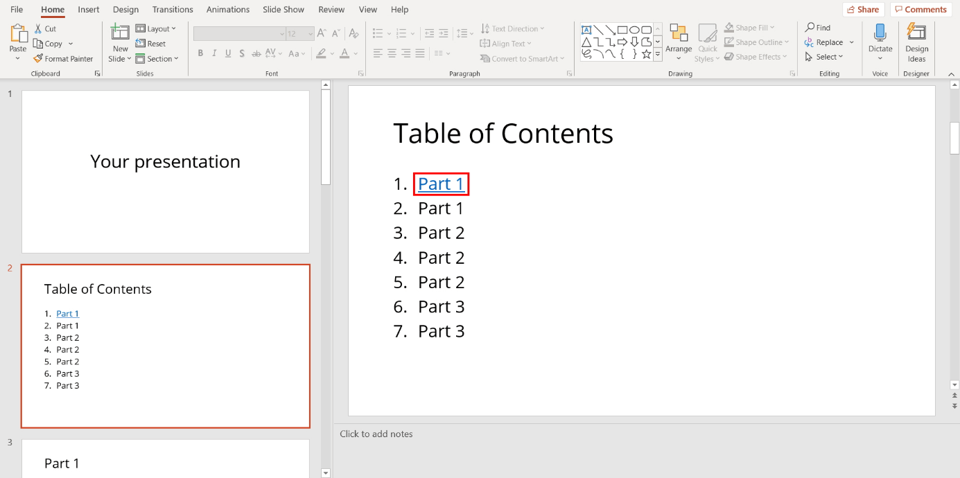 Linking a PowerPoint table of contents: standard hyperlink