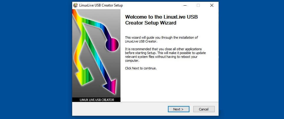 LinuxLive USB Creator setup wizard