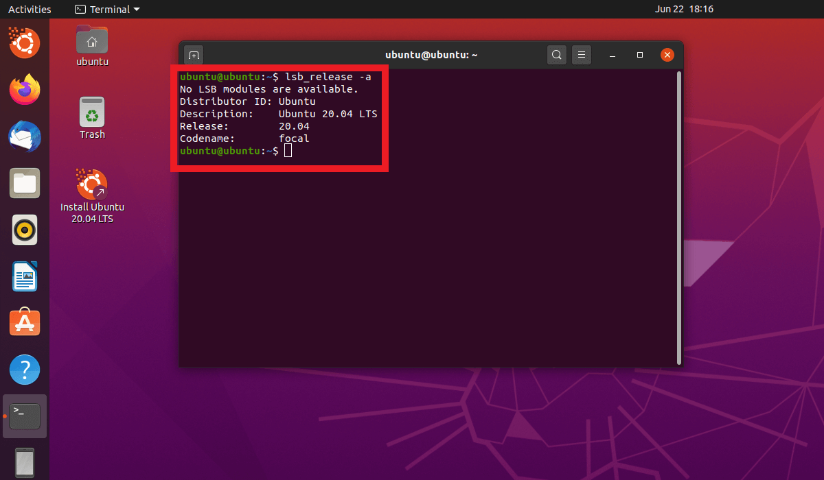 The command “lsb_release -a” in the terminal