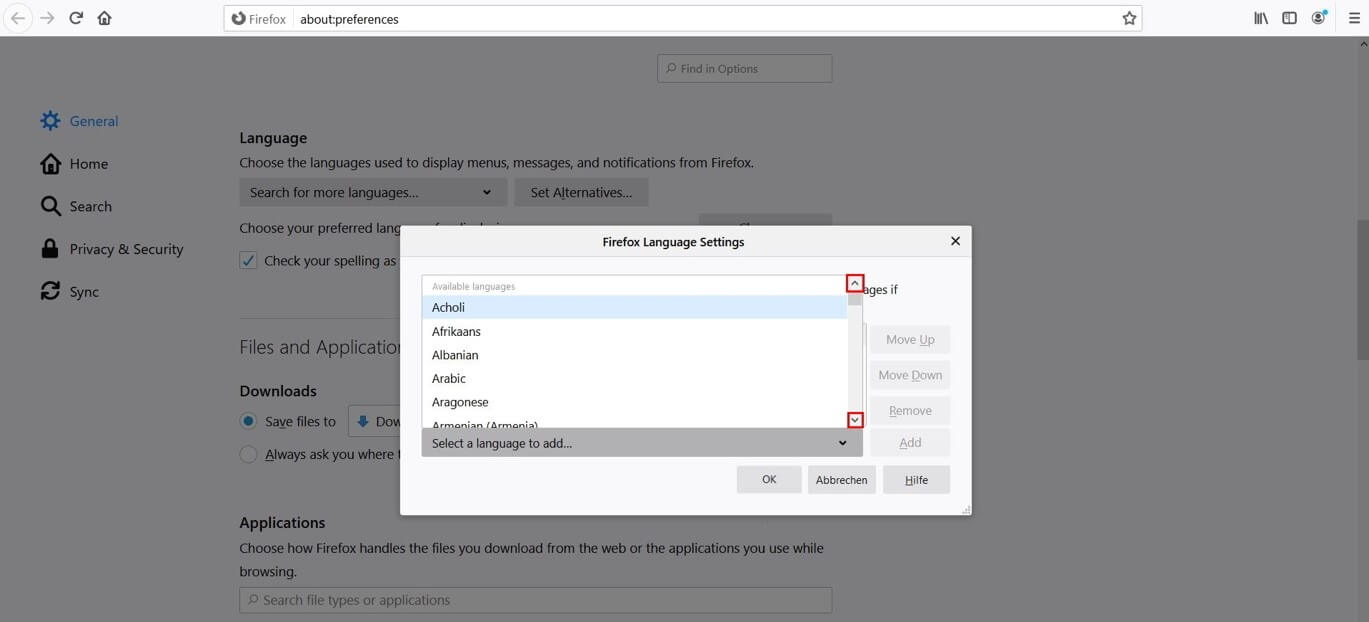 Language settings in Firefox: list of available languages