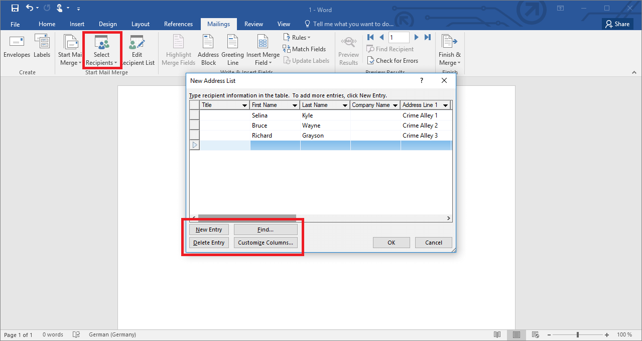 New address list for a mail merge in Word 