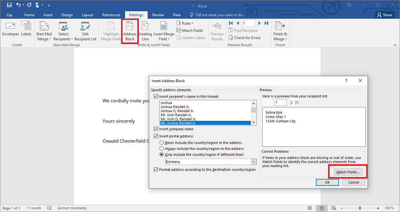 “Address Block” button for configuring a mail merge document in Word 