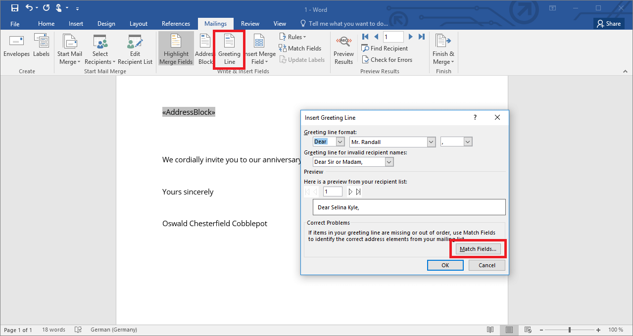Greeting Line dialog box for configuring a mail merge document in Word 